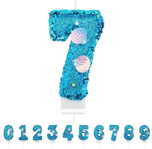 Geburtstagskerzen Zahlen 7,3D Meerjungfrau Geburtstagskerzen,Blau Geburtstag Kerzen 7, Kuchen Topper Dekoration Kuchendeko Geburtstag, Geburtstagskerzen für Geburtstagsdeko