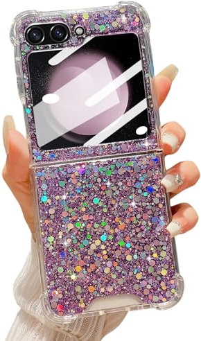 LCHULLE Designed for Samsung Galaxy Z Flip 5 Case,Girly Women Glitter Bling Bumper Shockproof Phone Case Ultra-Thin Hard PC Back Soft TPU Frame Cover for Samsung Z Flip 5 5G(2023)-Purple