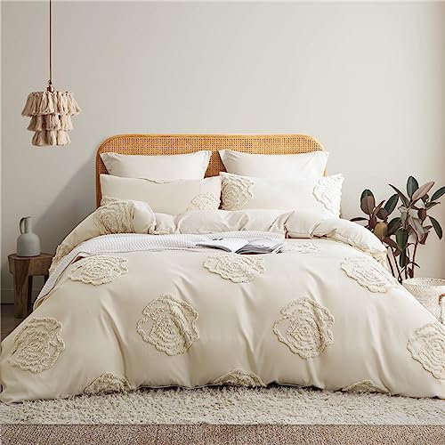 Tospass Housse de Couette Tuftée 220x240cm 2 Personne Adulte Rayée Broderie Beige Parure de Lit Bohème Style Linge de lit Fleurs Floral Réversible avec Fermeture Éclair avec 2 Taies d'oreiller 65x65
