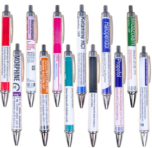 YJ PREMIUMS 12 PC Pharmacy Pens for Nurse & Pharmacist | Funny Drug Nursing Week Pharmacy Tech Technician Gifts for Women Needle Vaccine Syringe Pill Medicine Pen Supplies Accessories Bulk