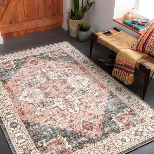 Carvapet Läufer Teppich 90x150cm rutschfest Lang Teppichläufer Waschbar Mikrofaser Vintage Medaillon Rosa Teppich Flächenteppich Laufteppich