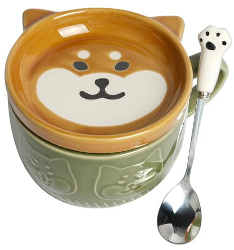 HOTUT Süße Keramik Kaffeetasse, Schüssel Porzellan Kaffee Tasse mit Deckel,Löffel,300ml Lustige HundeTasse für Tee Milch Weihnachten Becher Geschenk für Weihnachtstag-Hellgrün