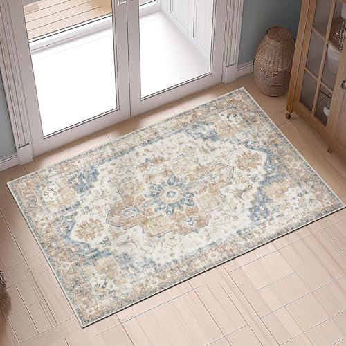TOPICK Fußmatte 60x90cm Orange Teppich Blumen Waschbar Superdünne Faltbar Vintage Kurzflor Orientalischer Flower Lang Eingangsmatte Küchenteppich für Büro Haustür Patio Flur