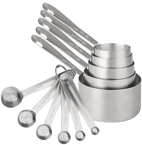 SPUVGVC, 11 Piece Stainless Steel Measuring Cups and Spoons Set, Includes 5 Metal Measuring Cups & 6 Baking Measuring Spoons, Imperial & Metric