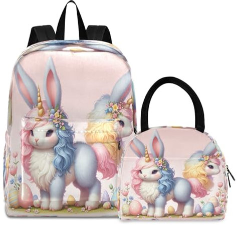 RPLIFE Mochila infantil con diseño de conejito de Pascua y unicornio, bolsa de almuerzo impermeable grande, juego de bolsa de libros con lonchera, Lindo unicornio de conejo de Pascua, Talla única