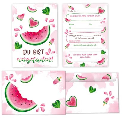 Minkocards 12 Einladungskarten incl. 12 Umschläge Kindergeburtstag Wassermelone Mädchen Einladung Mädchengeburtstag Geburtstagseinladungen