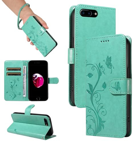 SRISHP Hülle für iPhone 8 Plus / 7 Plus Handyhülle, Grün | Premium PU Leder, Handyhülle Mit Band, Magnet Flip Case, Kartenfächer, Ständer Klappbar Tasche, Standfunktion Schutzhülle