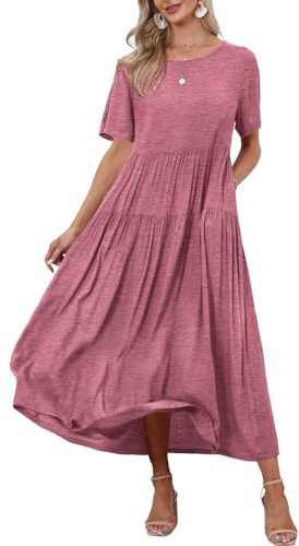 YESNO Women Dress Summer Casual Plus Size Maxi Dresses Bohemian Floral Short Sleeve Long Dress/Pockets L EJF Pink UK