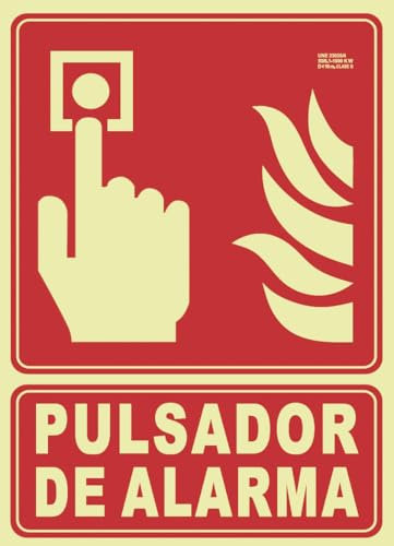 IberNorma FB0111 Señal Pulsador de Alarma 21x30cm Clase B D≤10m PVC Luminiscente Homologada nueva UNE 23034:2023 y RIPCI (Clase B)