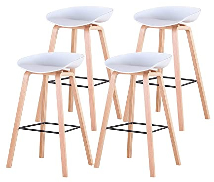 BenyLed Lot de 4 Tabourets de Bar avec Assise en Polypropylène et Pieds en Bois de Hêtre, Hauteur de l’Assise 70 cm, Blanc
