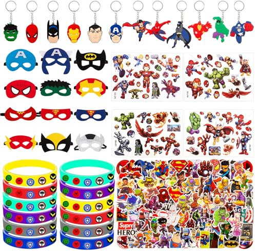 90 Stücke Mitgebsel Geburtstag Party für Kinder, 50 Aufkleber 12 Masken 12 Silikon Armbänder 12 Schlüsselschnalle 4 Tattoo Aufkleber Party für Kinder Jungen Geschenke Kindergeburtstag Mitgebsel