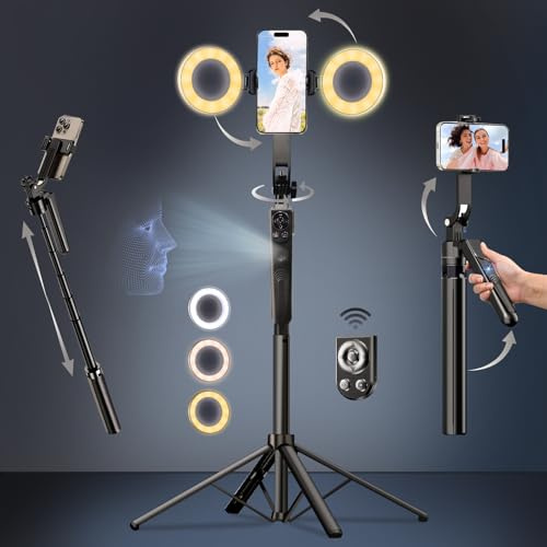 Hefrseyo Extendable Auto Face Tracking Tripod 360° Rotation,70,Camera Mount with Selfie Light and Remote for Gesture Control Smart Shooting Camera Mount with Selfie,No Need Application