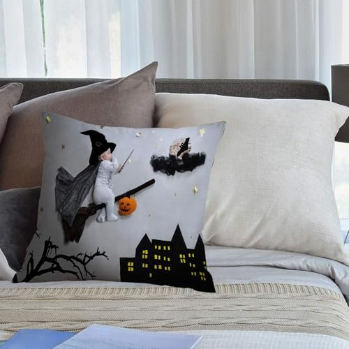 EMCLKS Cushion Double Sided Printing Throw Pillow Cover Garden Decor Home Decorate for Livingroom Couch Patio,Halloween party baby on broom in wizard hat magic wand flying to the moon with ba,18x18in
