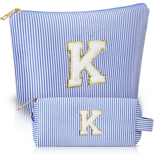 Aucuu Kosmetiktasche Damen, 2 Stück Initialen Make-up-Tasche, Cord-Reise Schminktasche, Reise Kulturbeutel, Tragbare Makeup Bag, Personalisierte Geschenke für Frauen Mädchen, Kosmetiktasche mit K