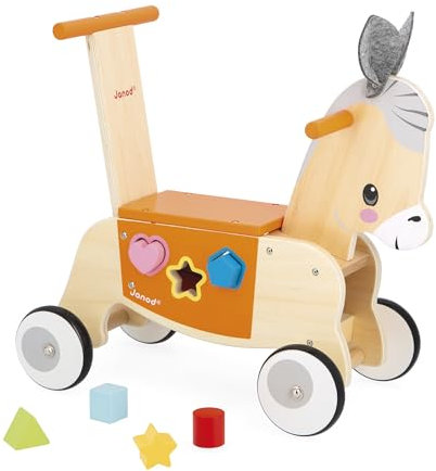 Janod - Holzlaufstall Esel mit integriertem Setzkasten - Lauflernfunktion - Leise Räder - Lernt Gleichgewicht und Motorik - Lernspielzeug aus Holz FSC - Ab 12 Monate, J03325