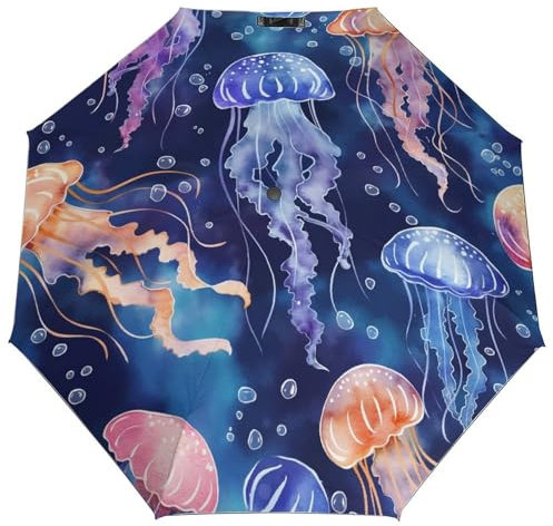 MRWQC Auto-Regenschirm Aquarell-Qualle-Muster 3-Facher Automatischer Uv-Sonnenschutz-Regenschirm