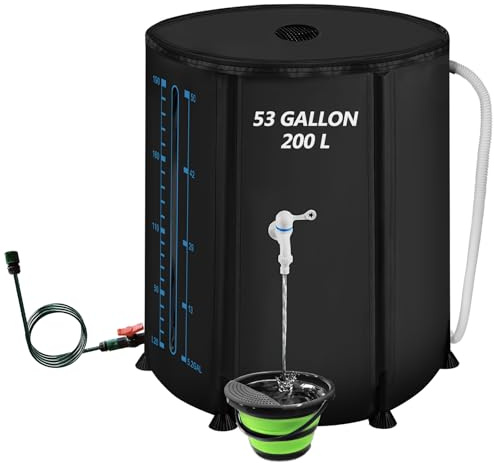 Barile per pioggia pieghevole, Barile portatile per la raccolta dell'acqua piovana, in PVC, con beccuccio, con secchio, per raccogliere l'acqua piovana da giardino (nero, 53 galloni)