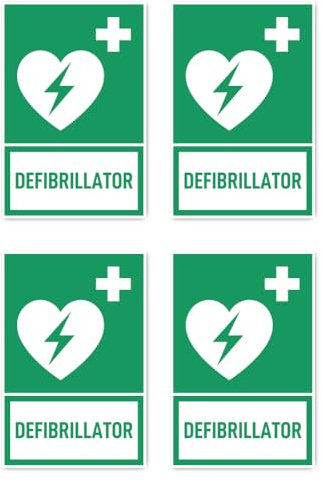 Aufkleber: 150x100 mm, 4 Stück - Automatisierter Externer Defibrillator (AED) - Sprache: englisch - Rettungszeichen mit Text (grün/weiß) - hochkant - E010 - DIN EN ISO 7010
