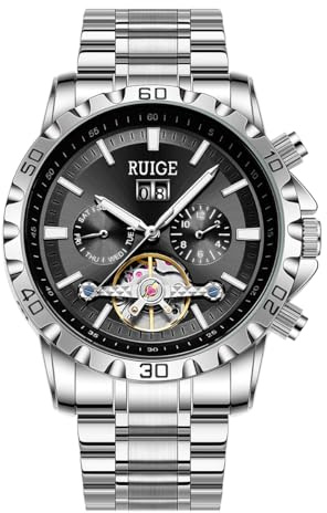 RUIGE Modischer personalisierter leerer Herren vollautomatischer mechanischer Stahluhrkalender Herren Nachtlicht wasserdicht modischer trendiger Uhr A3-2, sc schwarz