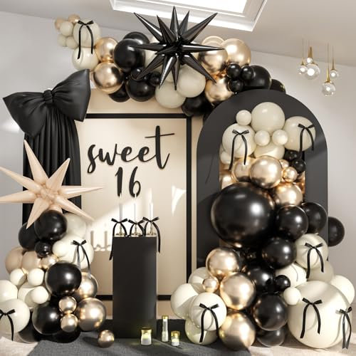 Black White Gold Balloon Garland Kit, 115 Pcs Beige Sand Black Cream Metallic Gold Balloon Arch with Explosion Star Foil Balloons for Girl Women Birthday Wedding Bachelorette Coquette Party Decoration
