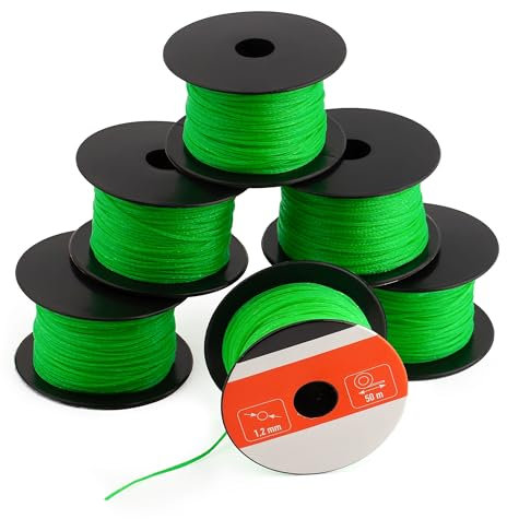 MIVOS Cuerda de albañil - Paquete de 12 Cuerda de albañil 50 m, grosor 1,2 mm - plomada verde - Cuerda de construcción - Cuerda de enlucido duradera y resistente a desgarros - plomada - 210N