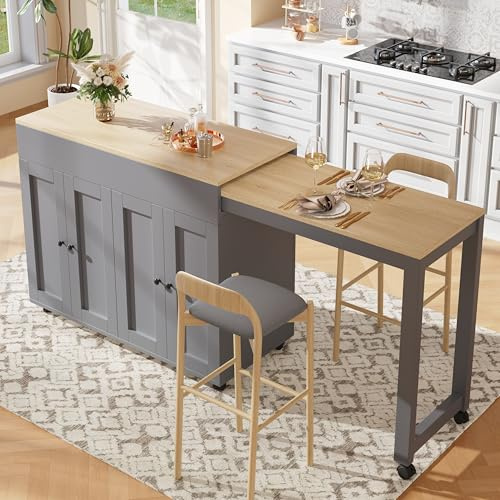 A ALFRESCOOL Moderner ausziehbarer Bartisch(118-180×50×94cm),Ausziehbarer Esstisch mit Stauraum, mit Sechs AblageflächenStehtisch Bistrotisch, für Esszimmer,Verwendung als Wohnzimmertrennwand,Grau
