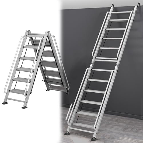 EXCLURA Universal Attic Ladder Egress Ladder, 8-12 Step Loft Ladder with Handrails & Anti-Slip Pad, Foldable Ladder for Company/Apartments Roof Top(Silver,10 step-306cm (120.5))
