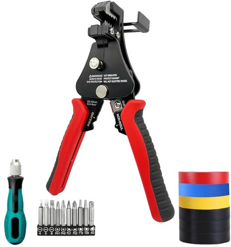AOUZEA Pinza Spelafili Automatica Professionale 3 in 1, Metallici di Alta Qualità Spelafili Elettricista per Spelatura, Taglio e Crimpatura, Pinza Spelacavi Con Cacciavite e 6 Nastro Adesivo