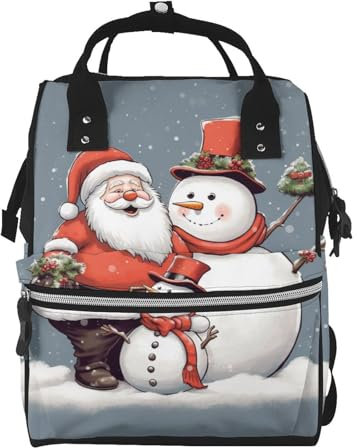 Wickeltasche mit Weihnachtsmann-Druck, Rucksack, Baby-Wickeltaschen für Mama, Papa, wasserdichter Windelrucksack, multifunktionale Reisetasche, Weihnachtsmann und Schneemann, One size