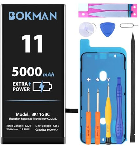 Bokman Batterie pour iPhone 11 avec 5000mAh Haute capacité, Batterie en polymère Li-ION avec Tous Les Kits d'outils