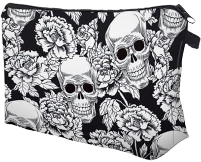 Skull Print Makeup Bag – Goth Zipper Pouch, Waterproof Polyester case | Portable Multifunction Cosmetic Bag for Women Girls Ladies, Spooky travel Organizer for toiletries Accessories Storage at Home