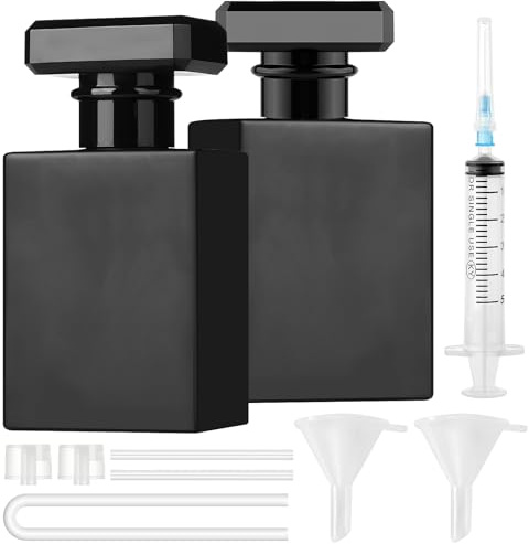 Maxumille 2 Piezas Atomizador Perfume 50ml, Frasco Perfume de Vidrio Negro con 6 Accesorios, Pulverizador Recargable 1.69oz para Aceite Esencial, Cuadrado Dispensador para Viaje de Mujeres Hombres