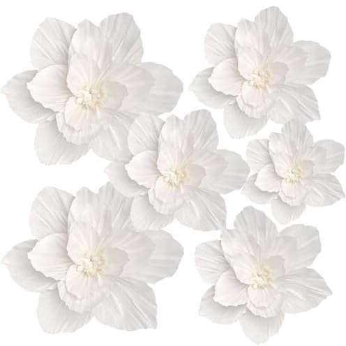CREATCABIN 5Pcs Weiße Papierblumen Künstlich 3D Wanddekoration Hochzeit Geburtstag Brautparty Seidenkrepp Florale Wanddekoration Klassenzimmer Kinderzimmer Hintergrund Tafelaufsätze Partydekorationen