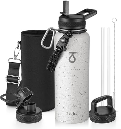 Trebo Water Bottle 1.2 L Stainless Steel with Paracord Handle & 3 Lids | Large Vacuum Triple Wall Metal Flask Insulated with Carry Pouch, Strap, Dishwash safe, Cold 48 Hrs, Wide Mouth, Leakproof