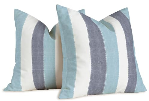 Brylleii 2er Set Kissenbezug Weiss Gestreift Muster 40 x 40 Kissenbezüge Blauer See Blau Moderne Leinen Dekorative Kissen Vintage Sofa Kissenhülle für Wohnzimmer Couch Outdoor Waschbar Bezug