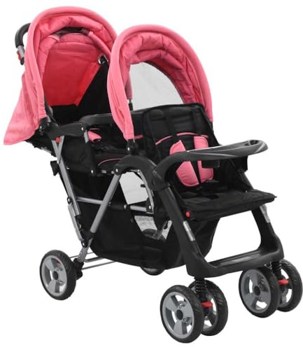 Poussette Double, Poussette Tandem Deux Places Pliable rose et noir acier
