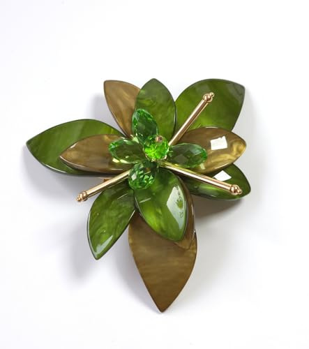Baesics Barrette à cheveux pour femme - Fleur de lys émeraude - 2 en 1 - Pince à cheveux et épingle - Broche en forme de fleur en acétate de cellulose - Bijou design 3D pour robes et coiffures - Pièce