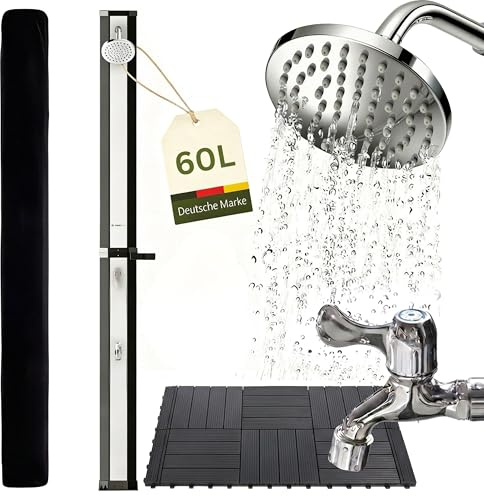 novaterra® Solardusche schwarz/Silber mit 60L Tank - Gartendusche & Campingdusche mit Bodenelement, Regenduschkopf, Fußdusche, Schutzhaube & Ablage, Solardusche Garten, Wassererwärmung bis 60°C