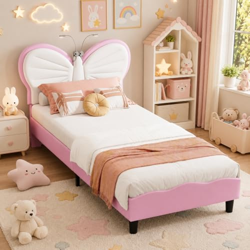 OLIVIBED Kinderbett 90x190, Mädchenbett mit Lattenrost, Polsterbett mit Verstellbares Kopfteil in Schmetterlingsform, Einzelbett für Mädchen, Ohne Matratze, Flanell, Rosa