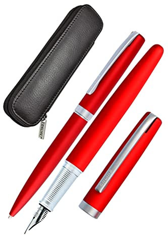 Online Schreib-Set Eleganza I enthält Kugelschreiber, Füller, Echt-Lederetui I Farbe Satin Red I 3-teilig I in hochwertiger Geschenkbox I Füller für Standardpatronen