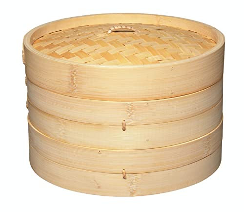 KitchenCraft World of Flavours Cesta de vapor de bambú de 25 cm, 2 niveles, ideal para Dim Sum, verduras, Bao Buns, carne y pescado, Beige