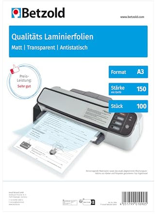 Betzold - 100 x DIN A3 Laminierfolien - Laminieren Schulbedarf Bürobedarf Laminiertaschen 150 mic 250 micron