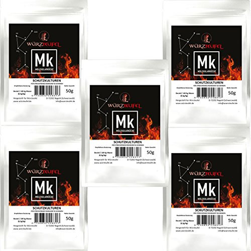 Schutzkulturen, milde Starterkulturen für streichfähige, gepökelte Wurst und Schinkenprodukte. Mehrstammkulturen, gefriergetrocknet, Spitzenqualität. 5 Beutel je 50g (250g)