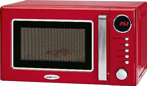 Clatronic MWG 790 - Microondas con grill 20 litros, 700/1000 W, display digital, 9 programas automáticos, timer, serie Rock&Retro estilo vintage, color rojo