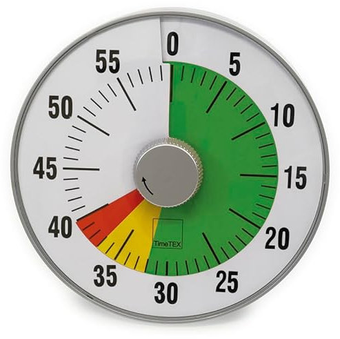 TimeTEX - Zeitdauer-Uhr L Silber mit Ampelscheibe | Lautloser 60 Minuten Countdown mit visuellem & akustischen Signal für Selbständigkeit | Inhalt: Batteriebetriebener Timer (Größe: ca. 19 cm ø)