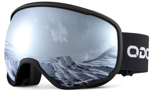 Odoland Skibrille Erwachsene Ski Goggles für Damen und Herren Jungen,Sphärisch Snowboardbrille UV-Schutz Kompatibler Helm Anti Fog für Skifahre Verspiegelt Schwarz + Silber