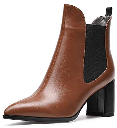 Castamere Donna Polacchine Tacco a Blocco Stivali Chelsea 7.5CM Medio Tacco PU Marrone Scarpe EU 37
