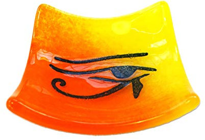 Eye of Horus bowl, yellow orange fused glass, symbol of protection, egyptian theme, ancient symbol gift, Edfu, Egyptian god, sacral chakra