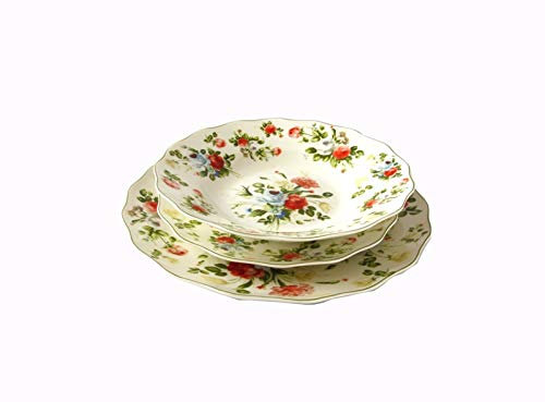 The Royal Family Juego de Platos de decoración Floral New Spring Rose de 6 plazas (18 Piezas) de Porcelana – Brillante y Resistente – Apto para lavavajillas y Horno – Estilo inglés