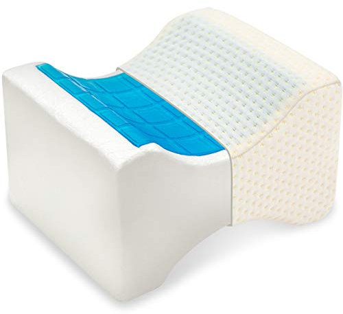 Vitabo Kniekissen mit Memory-Schaum und kühlendem Gel-Polster, praktisches Beinkissen für Seitenschläfer, Lagerungskissen mit Massage-Effekt, 24,5 x 14 x 20 cm